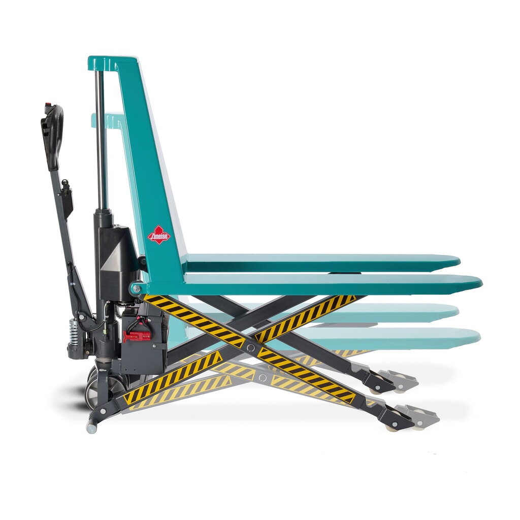Ameise® PTM 1.0 ollós emelőkocsi, elektrohidraulikus, 1000 kg teherbírás, 1150 mm villahossz, poliuretán/nylon kerekek Termékkép: Ameise® PTM 1.0 ollós emelőkocsi, elektrohidraulikus, 1000 kg teherbírás, 1150 mm villahossz, poliuretán/nylon kerekek