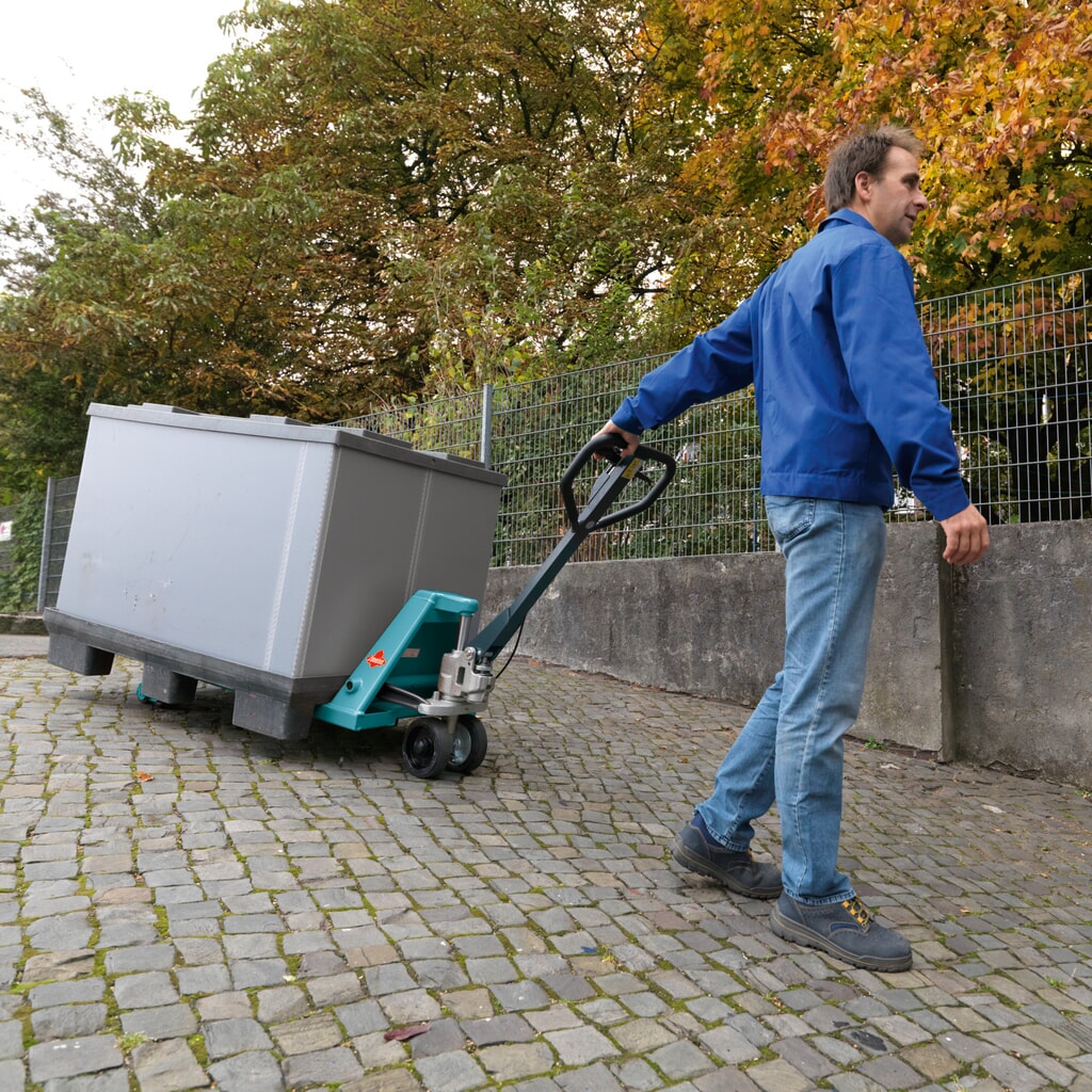 Termékkép száma 14: Ameise® PTM 2.5 kézi emelőkocsi kézifékkel, teherbírás 2500 kg, villahossz 1150 mm, tömörgumi/poliuretán kerekek, tandem görgők