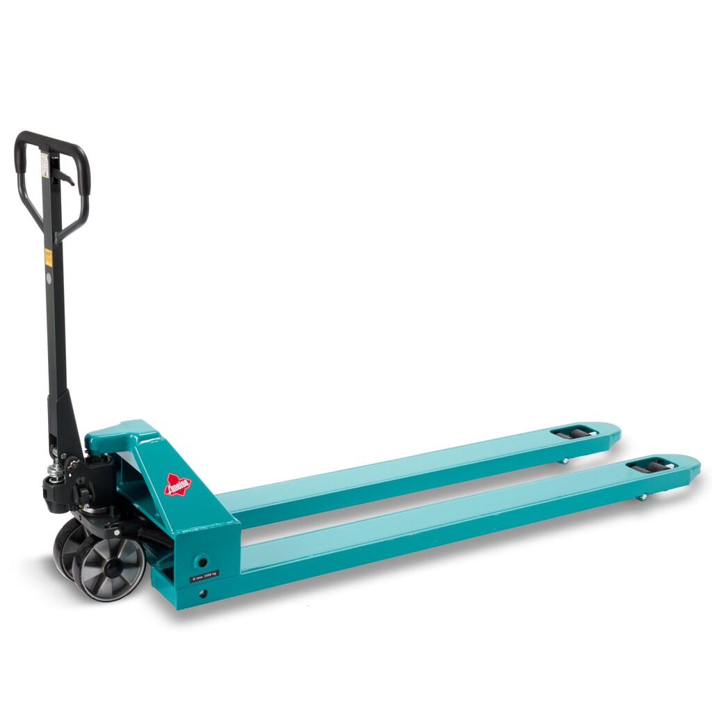 Ameise® PTM 3.5 kézi emelőkocsi, 3500 kg teherbírás, 1800 mm villahossz, poliuretán kerekek, tandem görgők Termékkép: Ameise® PTM 3.5 kézi emelőkocsi, 3500 kg teherbírás, 1800 mm villahossz, poliuretán kerekek, tandem görgők