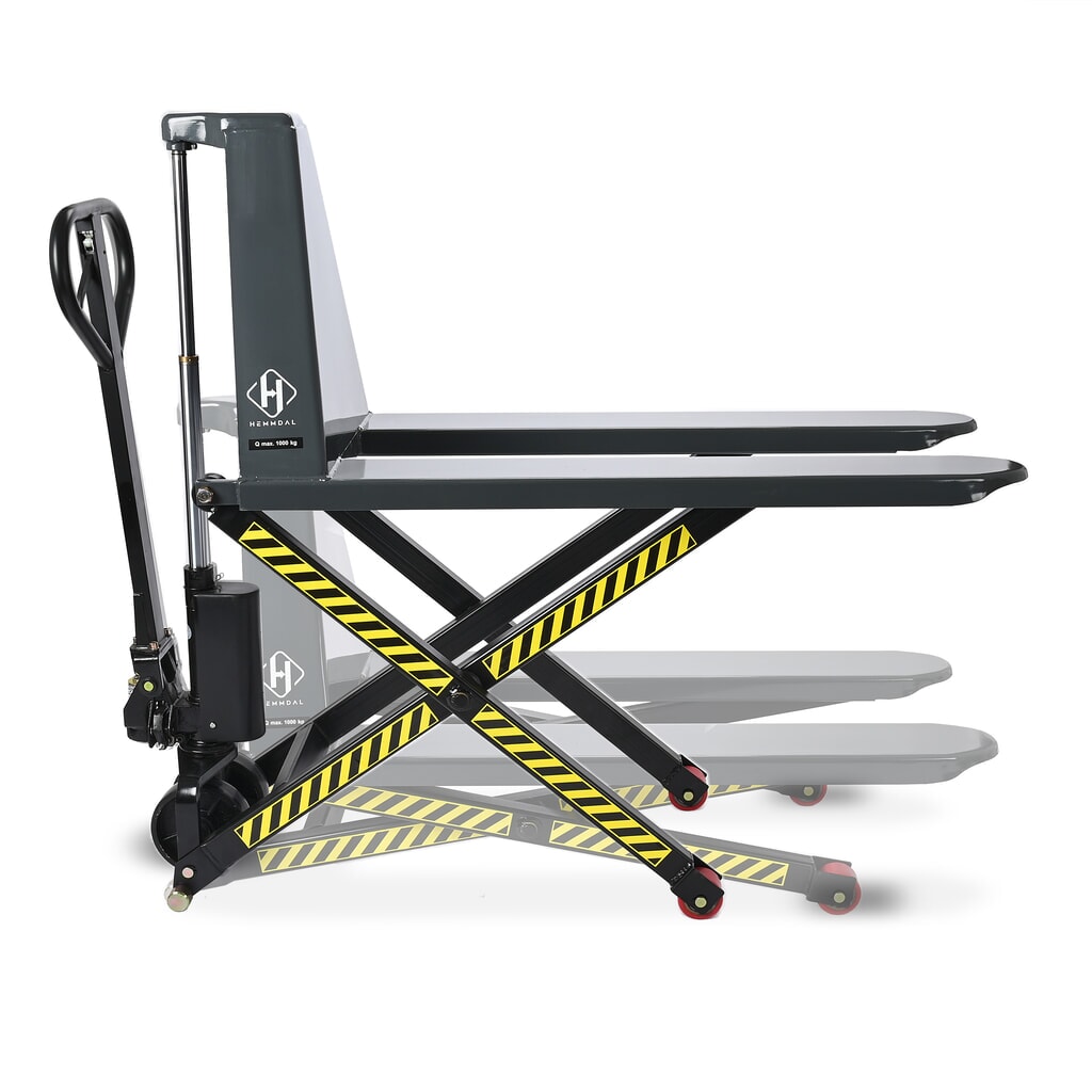 Termékkép: HEMMDAL PTM 1.0 Scissor ollós emelőkocsi, teherbírás 1000 kg, villahossz 1150 mm, poliuretán egyszeres görgővel