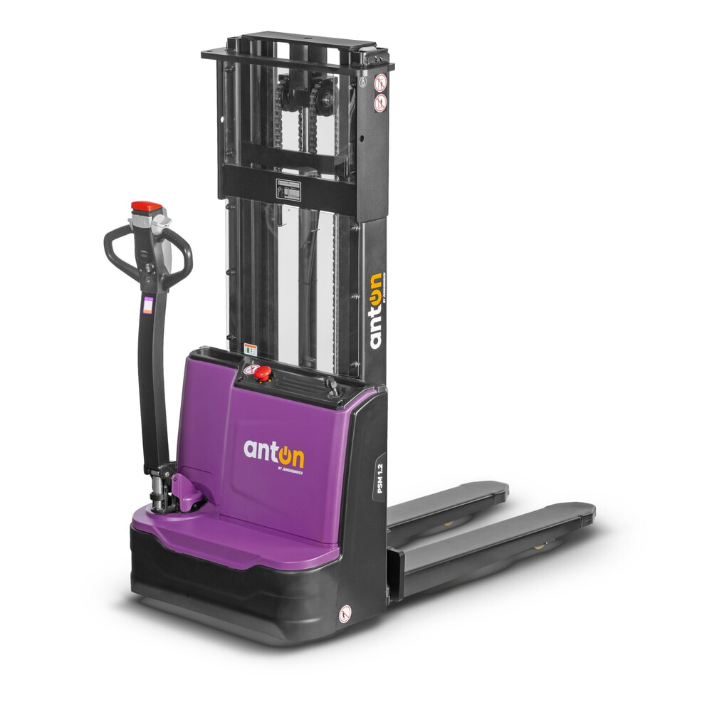 Termékkép: AntOn by Jungheinrich elektromos gyalogkíséretű targonca PSM 1.2, kéttagú teleszkópos emelőoszloppal, teherbírás 1 200 kg, emelési magasság 2 522 mm