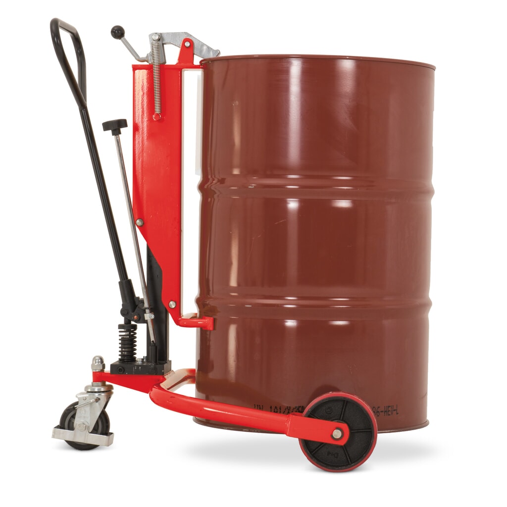 Hordóemelő kézi emeléssel, 200 mm emelési magasság , 250 kg teherbírás, RAL 3020 közlekedési piros Termékkép: Hordóemelő kézi emeléssel, 200 mm emelési magasság , 250 kg teherbírás, RAL 3020 közlekedési piros