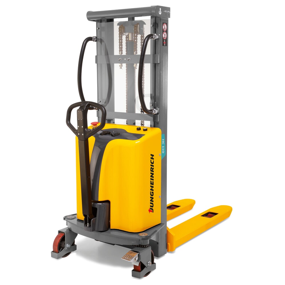 Jungheinrich HC 110 elektromos gyalogkíséretű targonca, félig elektromos, kéttagú teleszkópos emelőoszloppal, emelési magasság 2 500 mm, teherbírás 1 000 kg Termékkép: Jungheinrich HC 110 elektromos gyalogkíséretű targonca, félig elektromos, kéttagú teleszkópos emelőoszloppal, emelési magasság 2 500 mm, teherbírás 1 000 kg