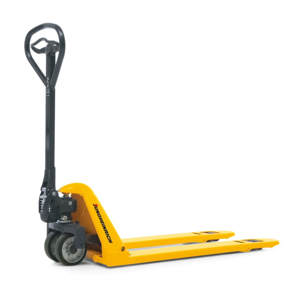 Termékkép: Jungheinrich Lapos kézi emelőkocsi, AM 15l, 680 mm-es különleges villakocsi szélesség, villahossz 1.150 mm, tömör gumi/poliuretán, tandem görgők